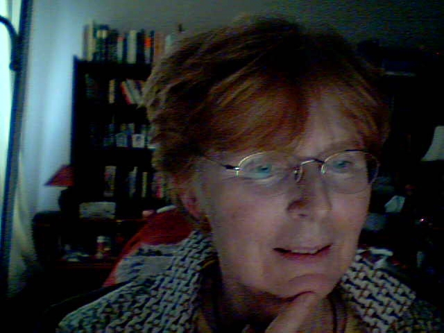 Webcam image of thoughtful Welwyn with bookshelf in background